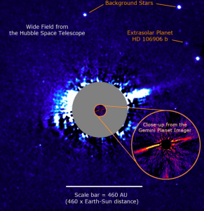 An image of the cometary dust and exoplanet surrounding the young star HD 106906, which Georgia Tech physicists will study. (Image UC Berkeley)